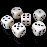 Set of white dice with black pips on a reflective black surface, showing various numbers.